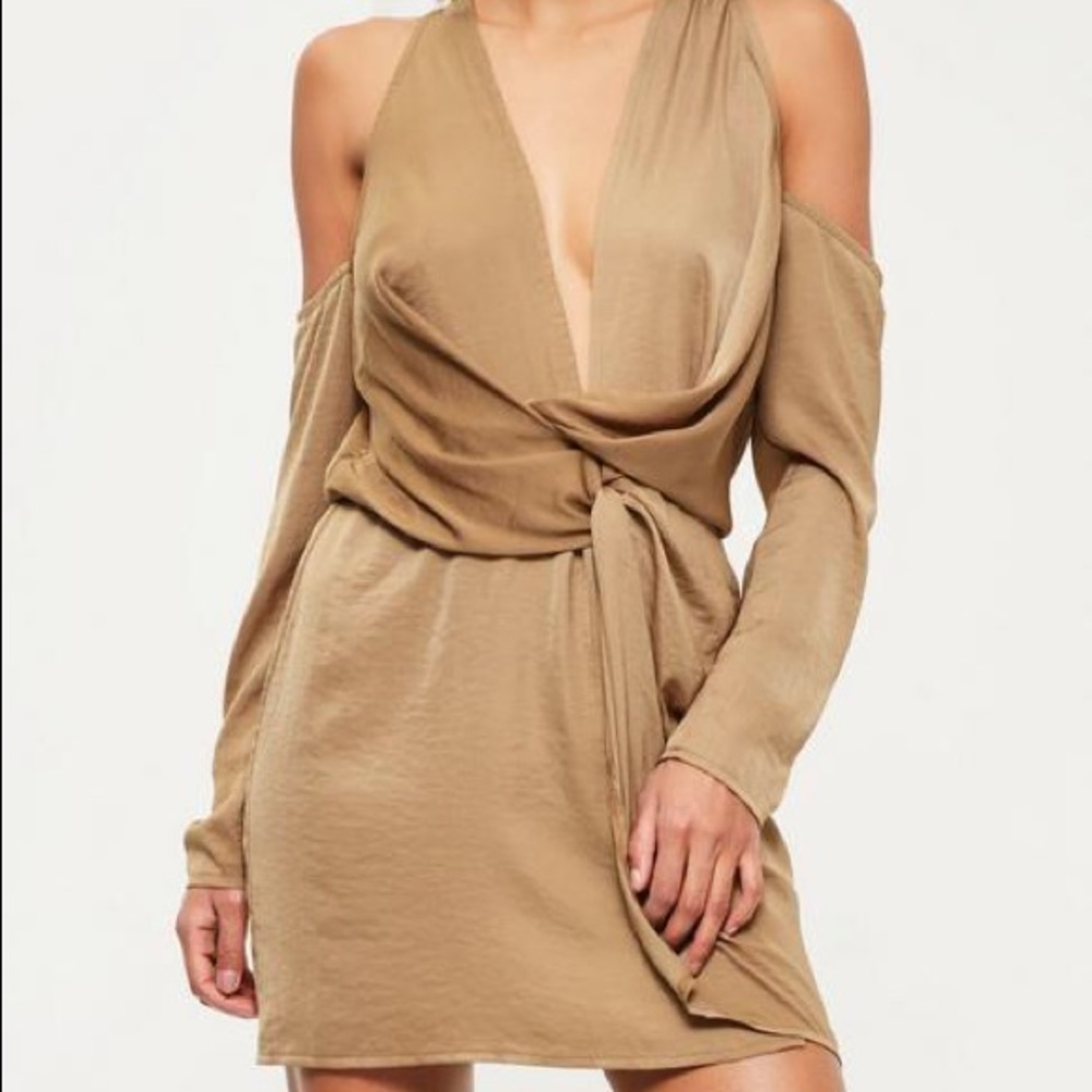 Nude Silky Cold Shoulder Knot Shift Dress